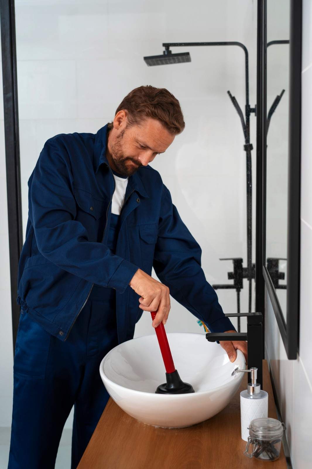 Plumber clearing a blocked drain in Richmond