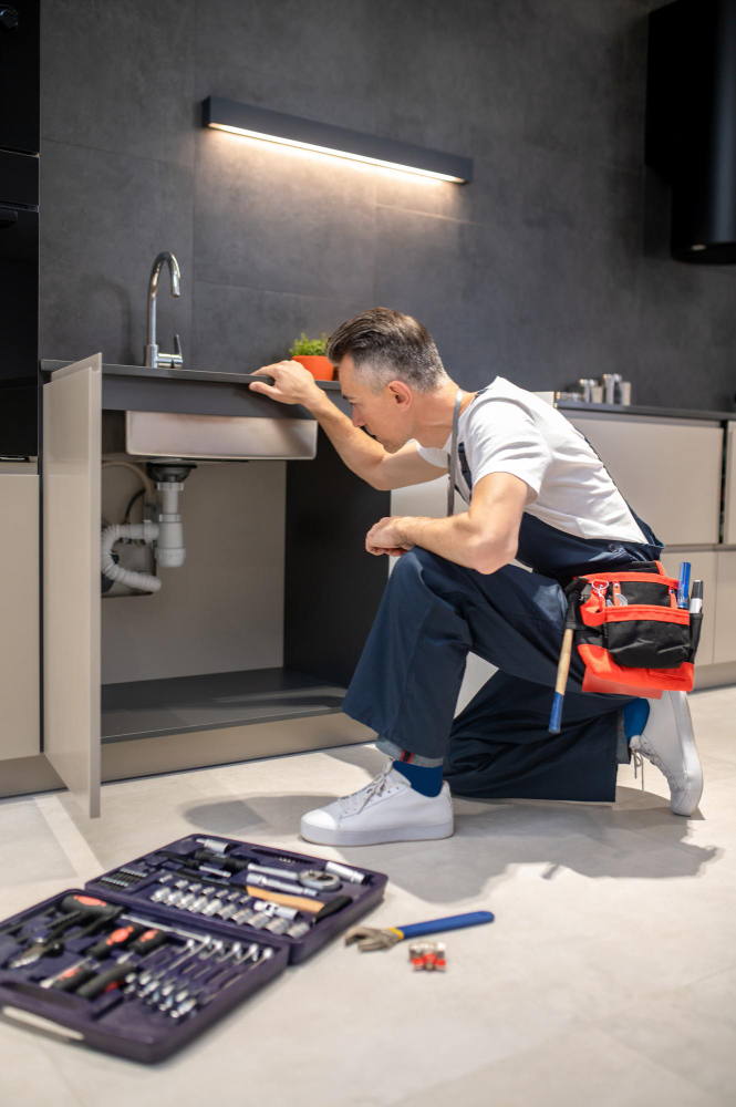 Plumber kneeling to inspect a kitchen sink with a toolbox open on the floor