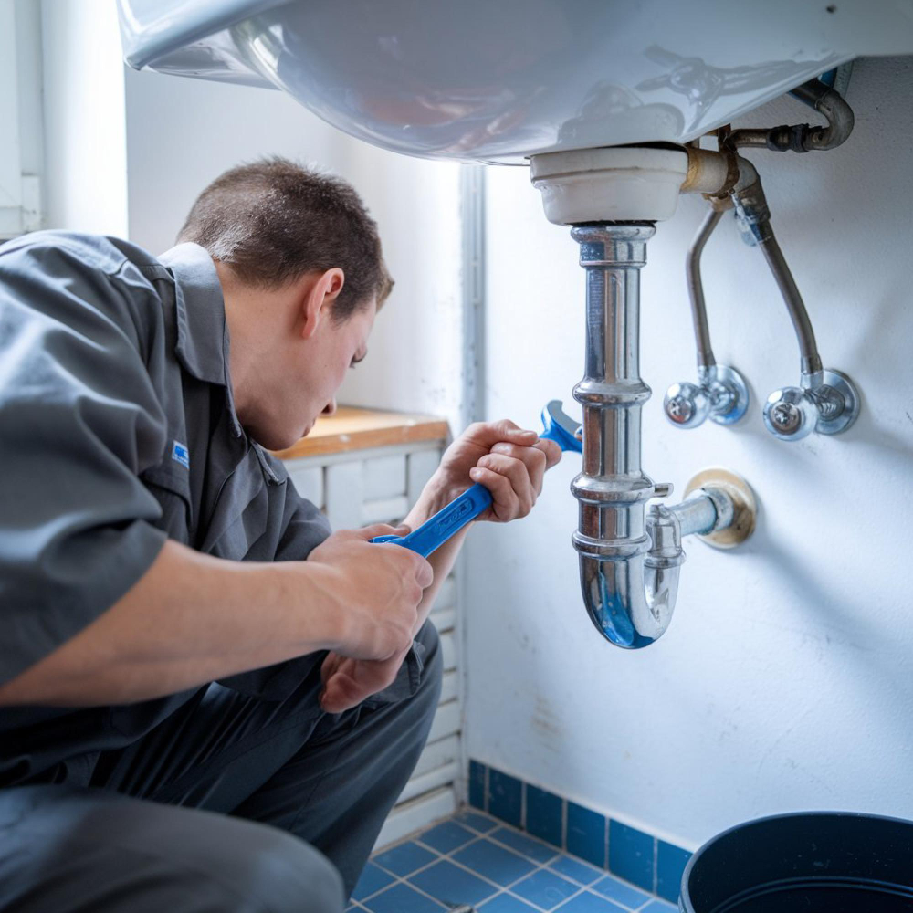 Plumber using a wrench to clear a blocked drain trap under a bathroom sink